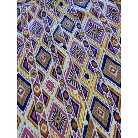 Chicos Womens Size 0 Linen No Iron Button Up Shirt 3/4 Sleeve Aztec Colorful - Picture 13 of 15